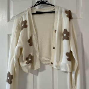 Cream Knit Cardigan with Flower Appliqués